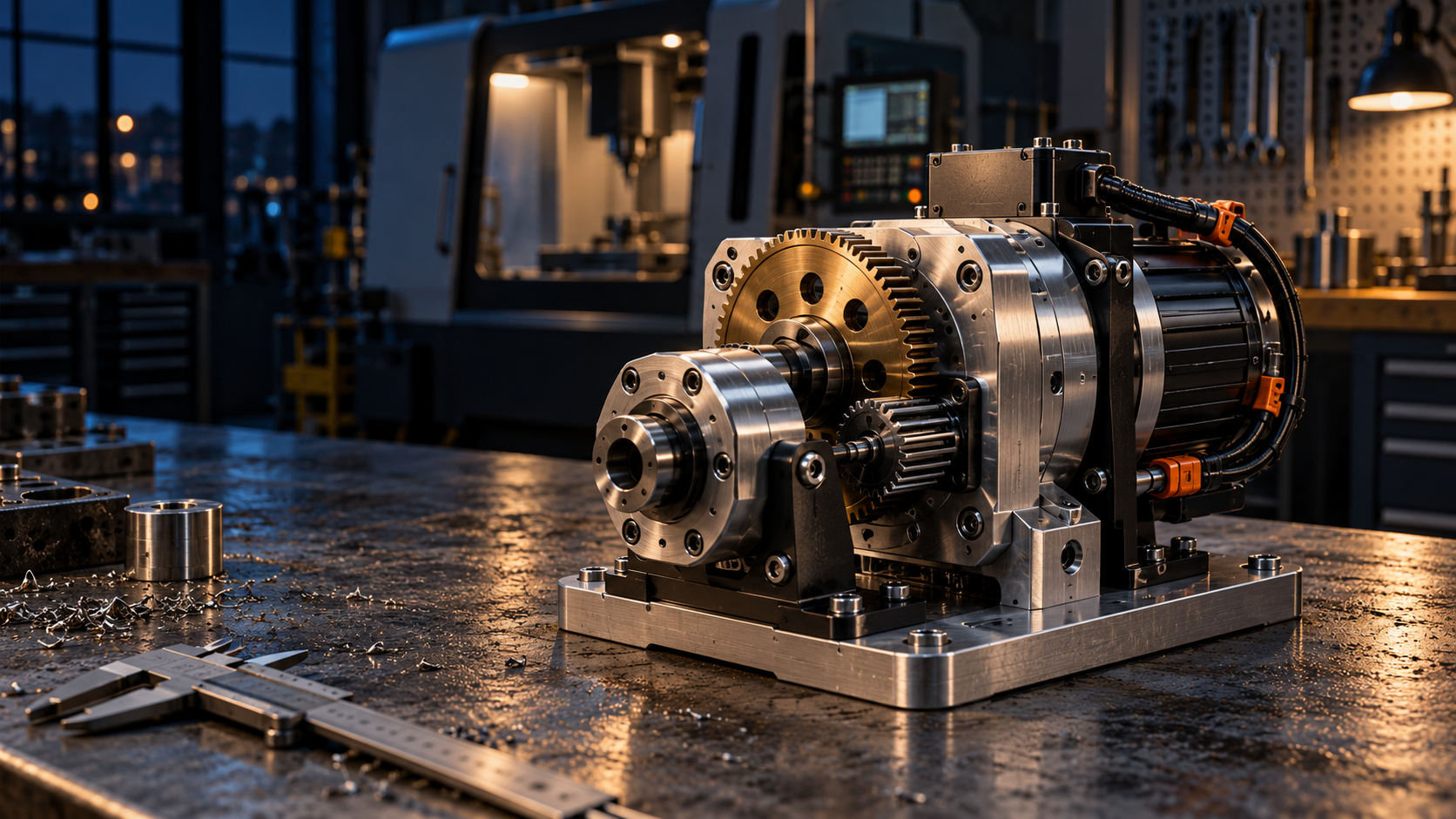Generated motor and gear assembly concept on a workshop table
